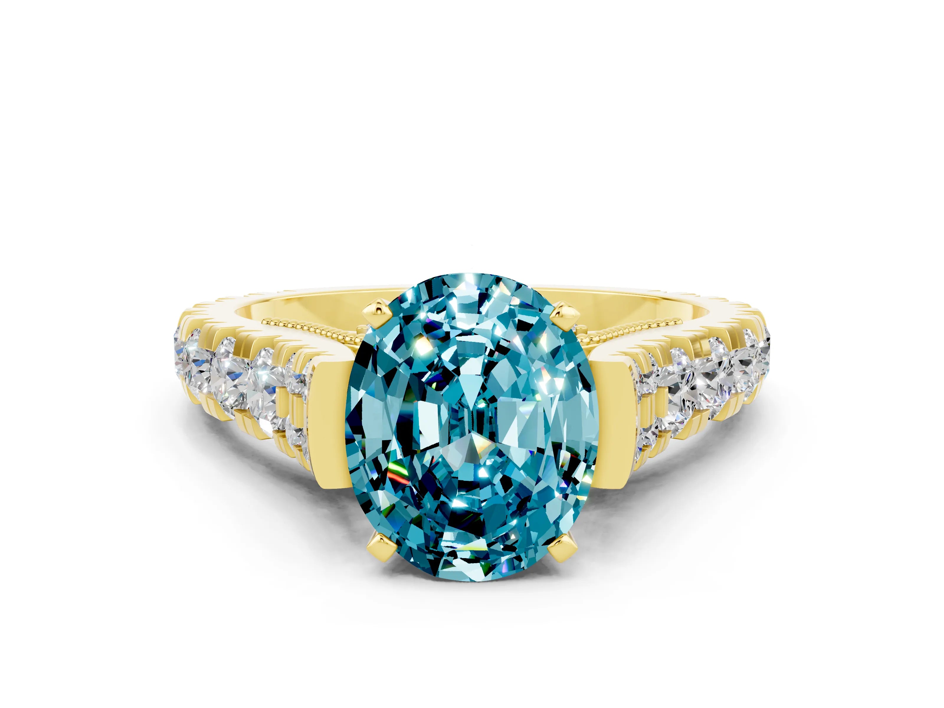 Yellow gold Oval Cut Blue Topaz Classic Solitaire Ring with Pavé Band and Four-Prong Setting