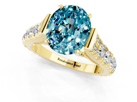 Yellow gold Oval Cut Blue Topaz Classic Solitaire Ring with Pavé Band and Four-Prong Setting_1