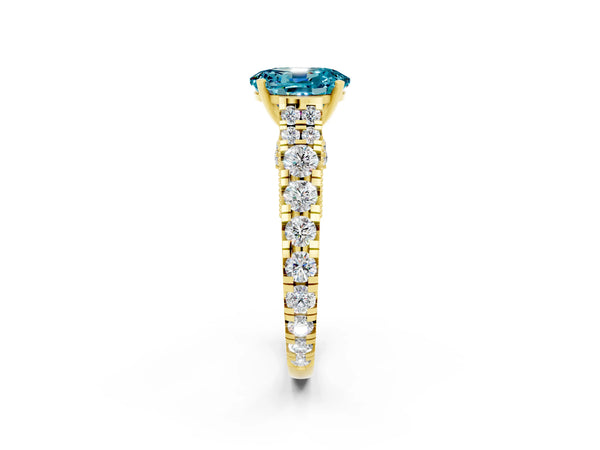 Yellow gold Oval Cut Blue Topaz Classic Solitaire Ring with Pavé Band and Four-Prong Setting
