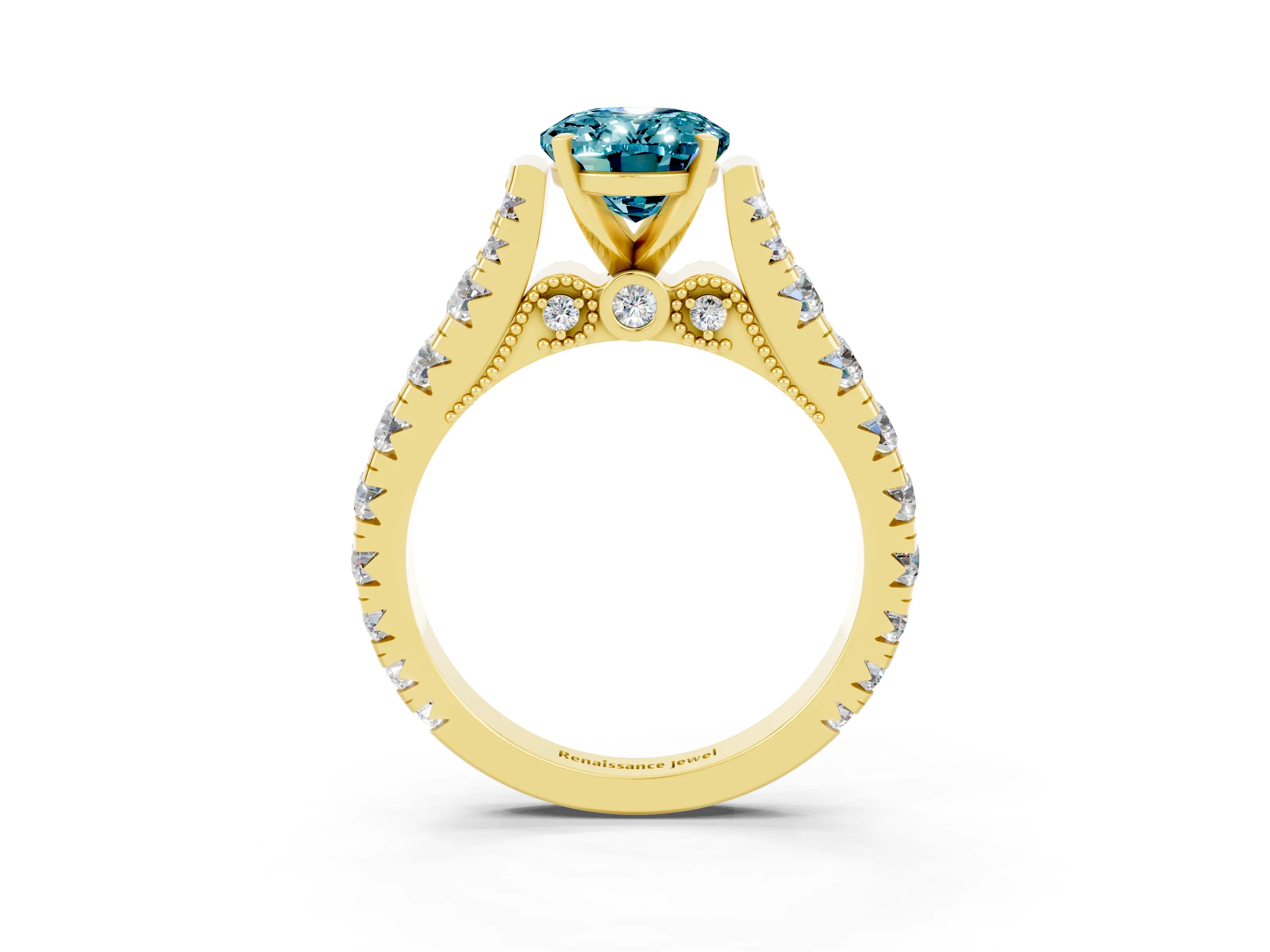 Yellow gold Oval Cut Blue Topaz Classic Solitaire Ring with Pavé Band and Four-Prong Setting_3