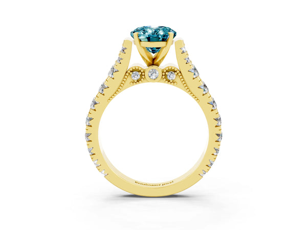Yellow gold Oval Cut Blue Topaz Classic Solitaire Ring with Pavé Band and Four-Prong Setting