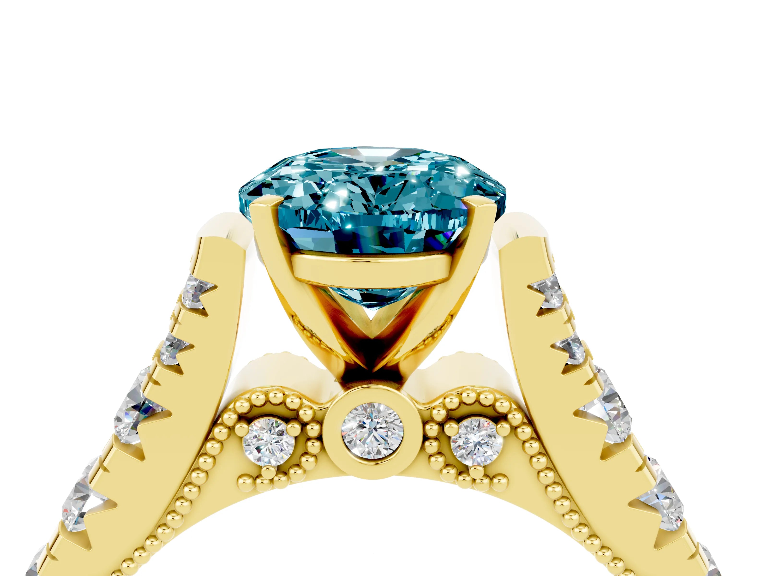 Yellow gold Oval Cut Blue Topaz Classic Solitaire Ring with Pavé Band and Four-Prong Setting_4