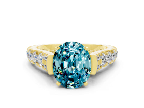 Yellow gold Oval Cut Blue Topaz Classic Solitaire Ring with Pavé Band and Four-Prong Setting
