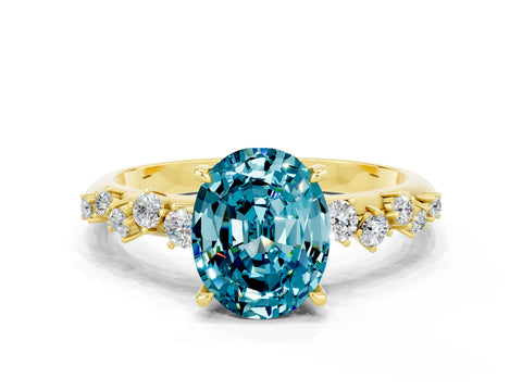 Yellow gold Oval Cut Blue Topaz Cluster Side Stone Solitaire Ring with Prong Setting_24