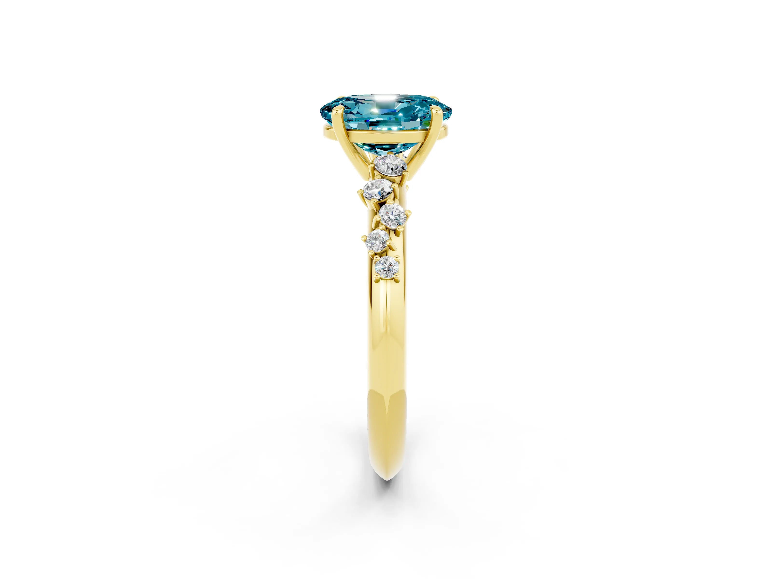 Yellow gold Oval Cut Blue Topaz Cluster Side Stone Solitaire Ring with Prong Setting_26