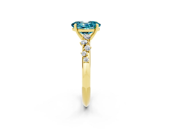 Yellow Gold Oval Blue Topaz Graduated Cluster Solitaire Engagement Ring with Open Basket