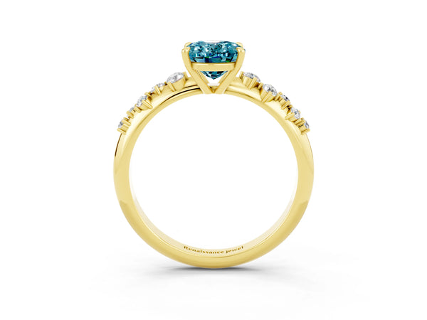 Yellow Gold Oval Blue Topaz Graduated Cluster Solitaire Engagement Ring with Open Basket