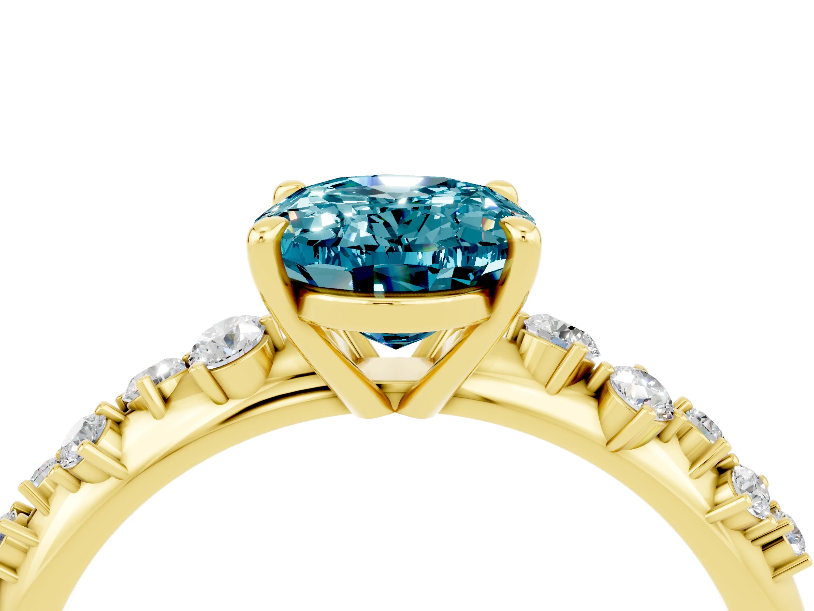 Yellow gold Oval Cut Blue Topaz Cluster Side Stone Solitaire Ring with Prong Setting_28