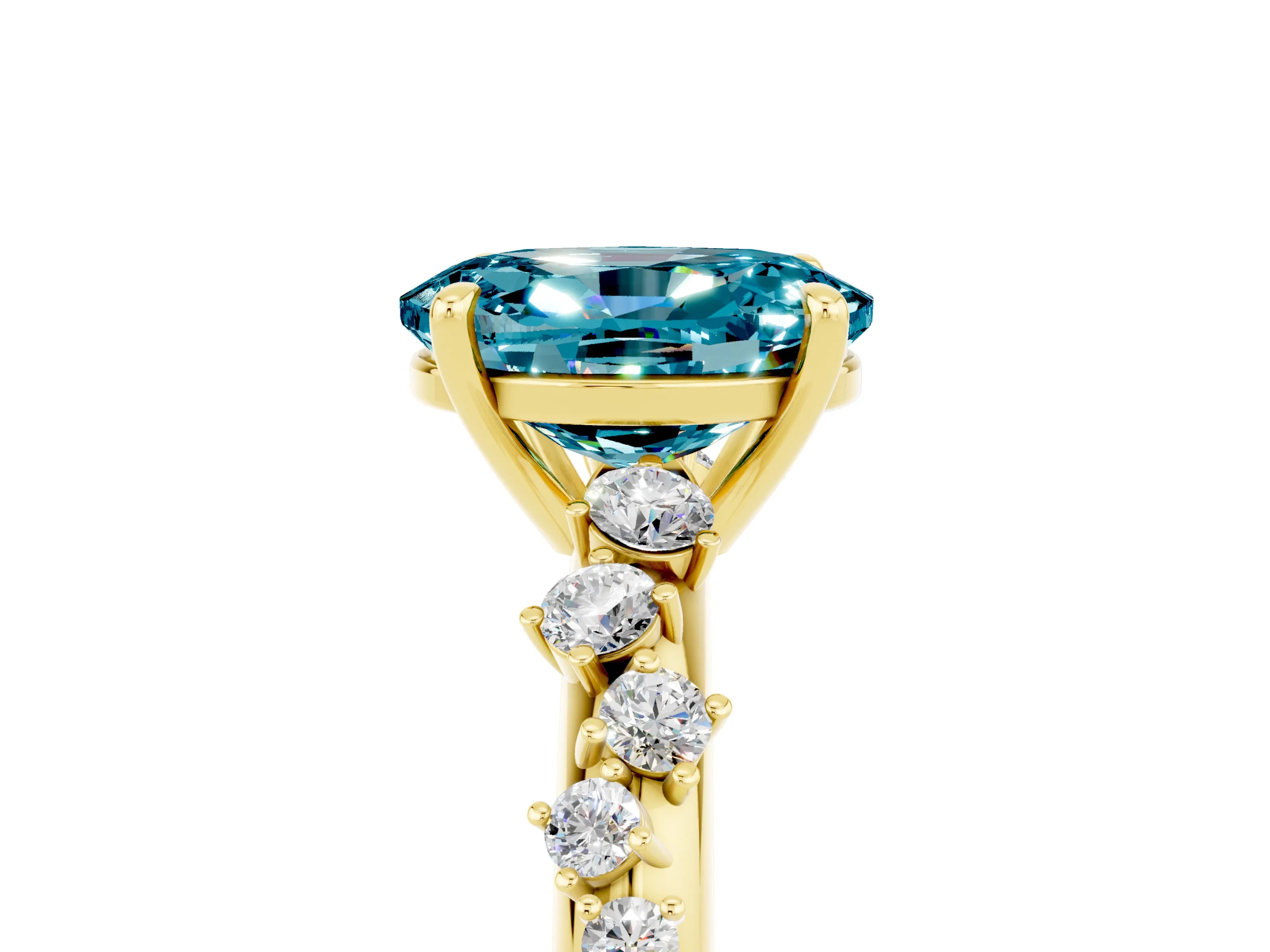 Yellow gold Oval Cut Blue Topaz Cluster Side Stone Solitaire Ring with Prong Setting_29