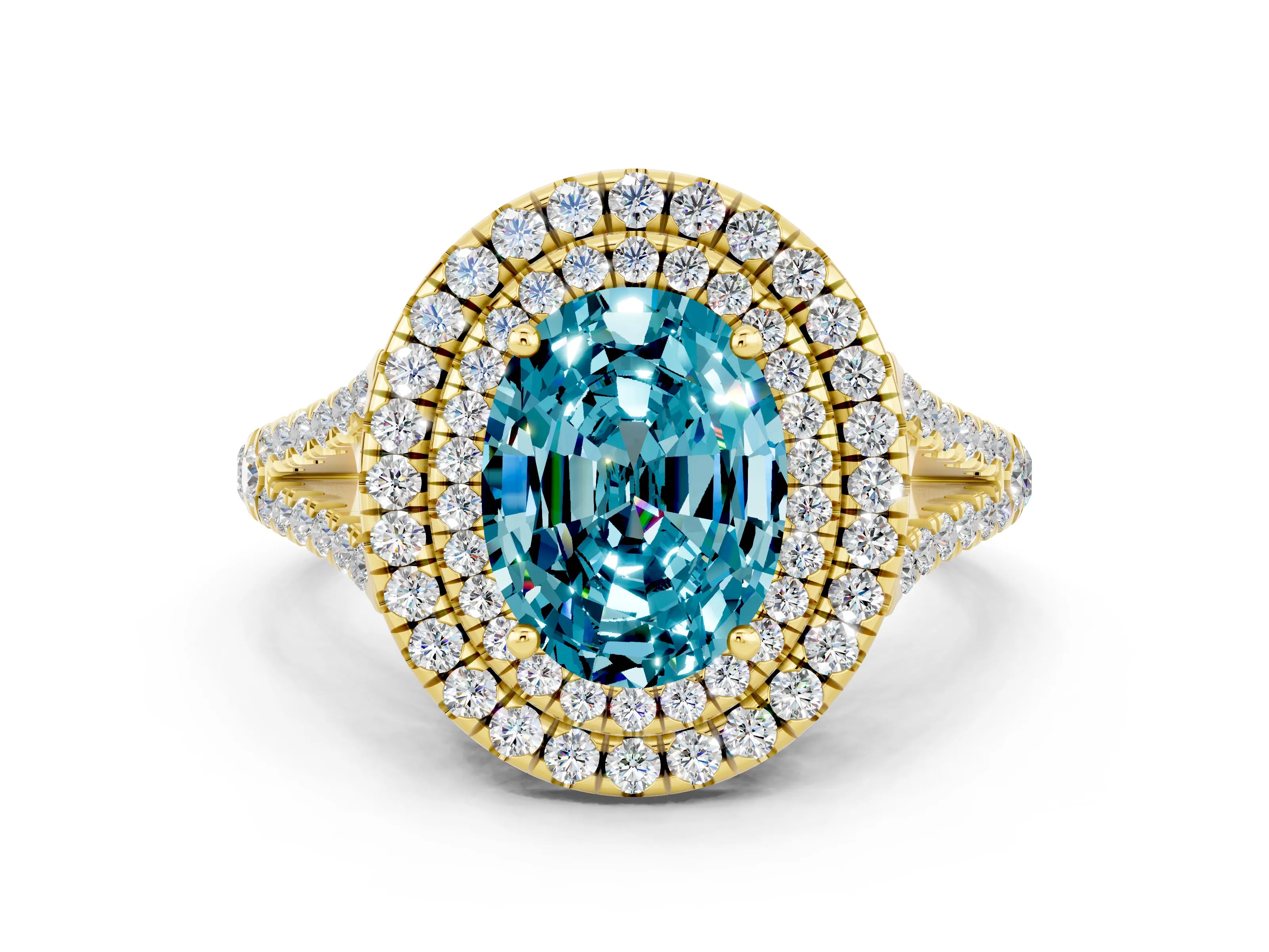 Yellow gold Oval Cut Blue Topaz Double Halo Ring with Pavé Band and Prong Setting_12