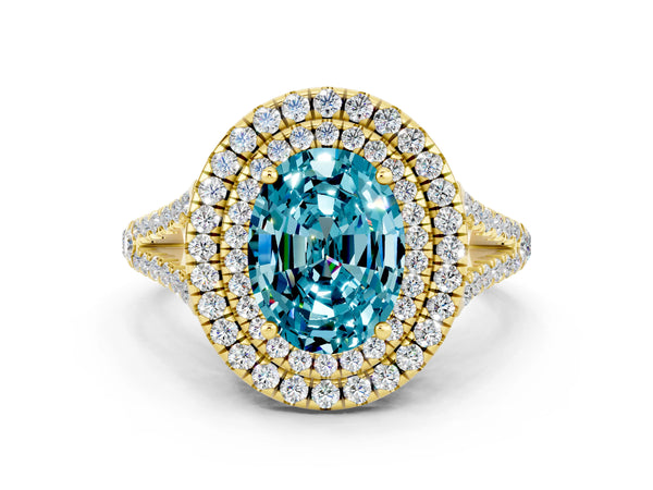 Yellow gold Oval Cut Blue Topaz Double Halo Ring with Pavé Band and Prong Setting