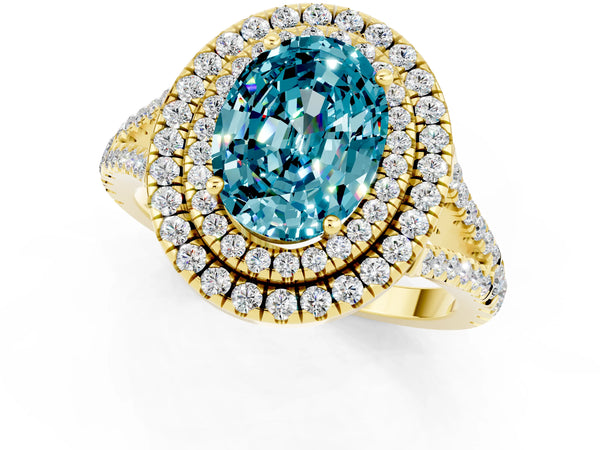 Yellow gold Oval Cut Blue Topaz Double Halo Ring with Pavé Band and Prong Setting