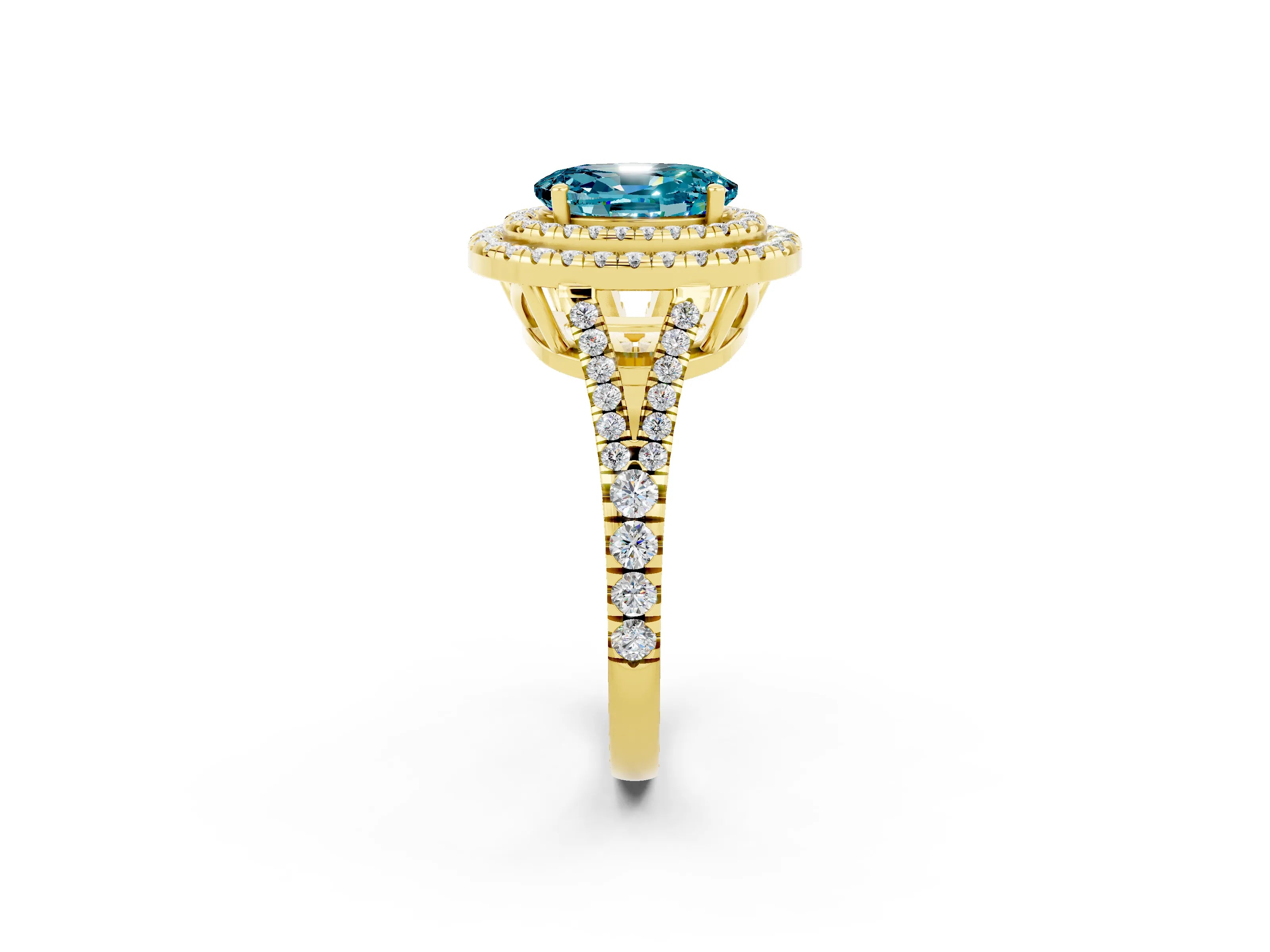 Yellow gold Oval Cut Blue Topaz Double Halo Ring with Pavé Band and Prong Setting_14