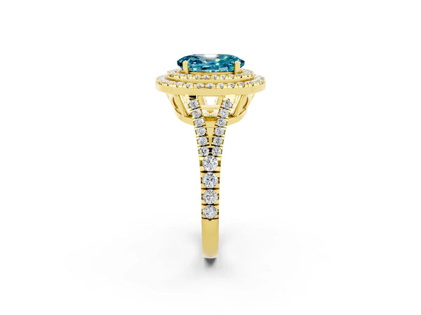 Yellow gold Oval Cut Blue Topaz Double Halo Ring with Pavé Band and Prong Setting