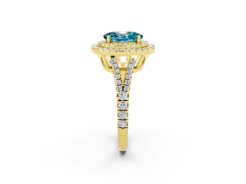 Yellow gold Oval Cut Blue Topaz Double Halo Ring with Pavé Band and Prong Setting_14