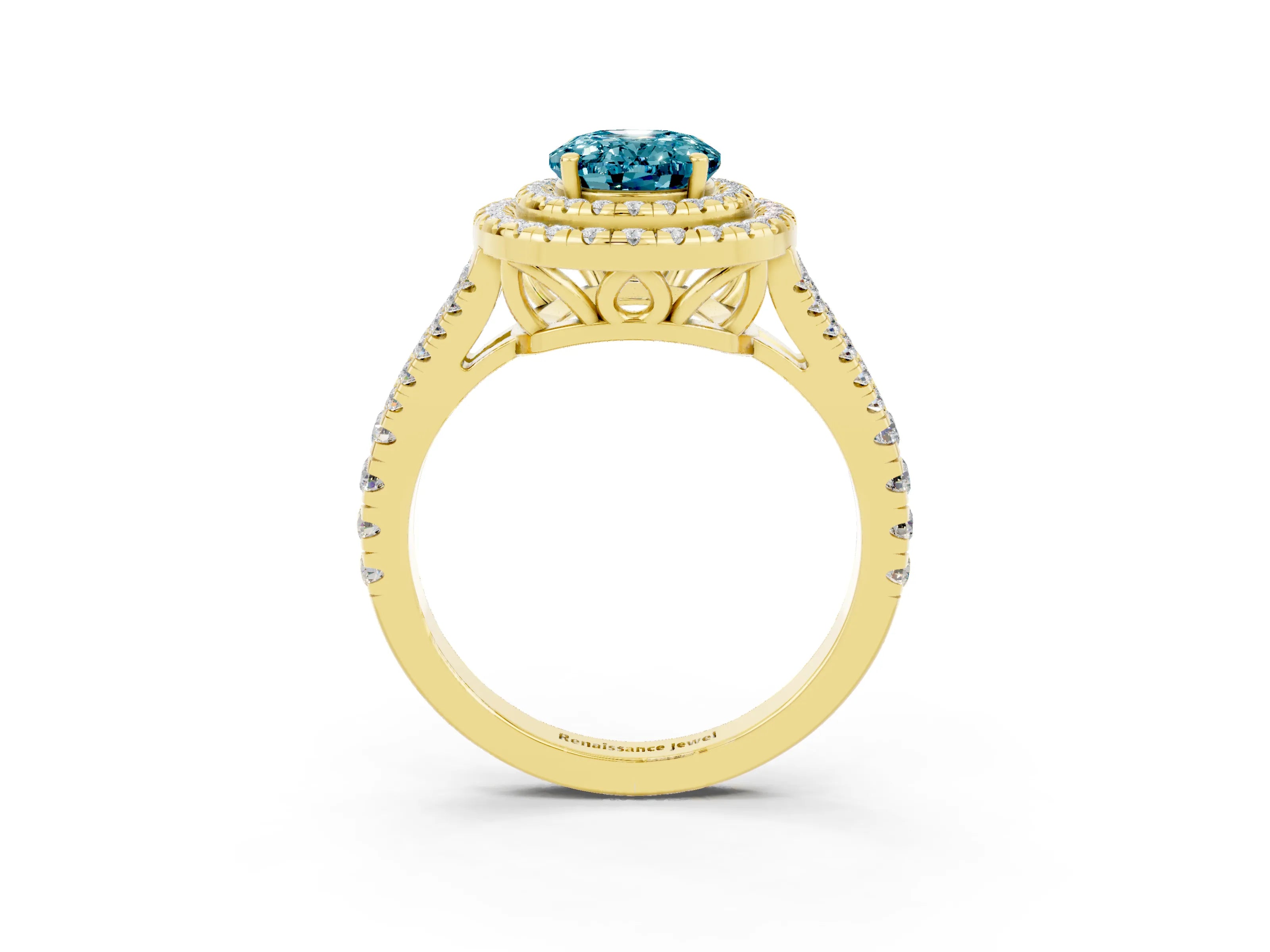 Yellow gold Oval Cut Blue Topaz Double Halo Ring with Pavé Band and Prong Setting_15