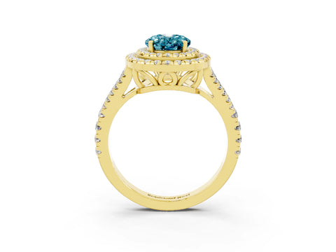 Yellow gold Oval Cut Blue Topaz Double Halo Ring with Pavé Band and Prong Setting_15