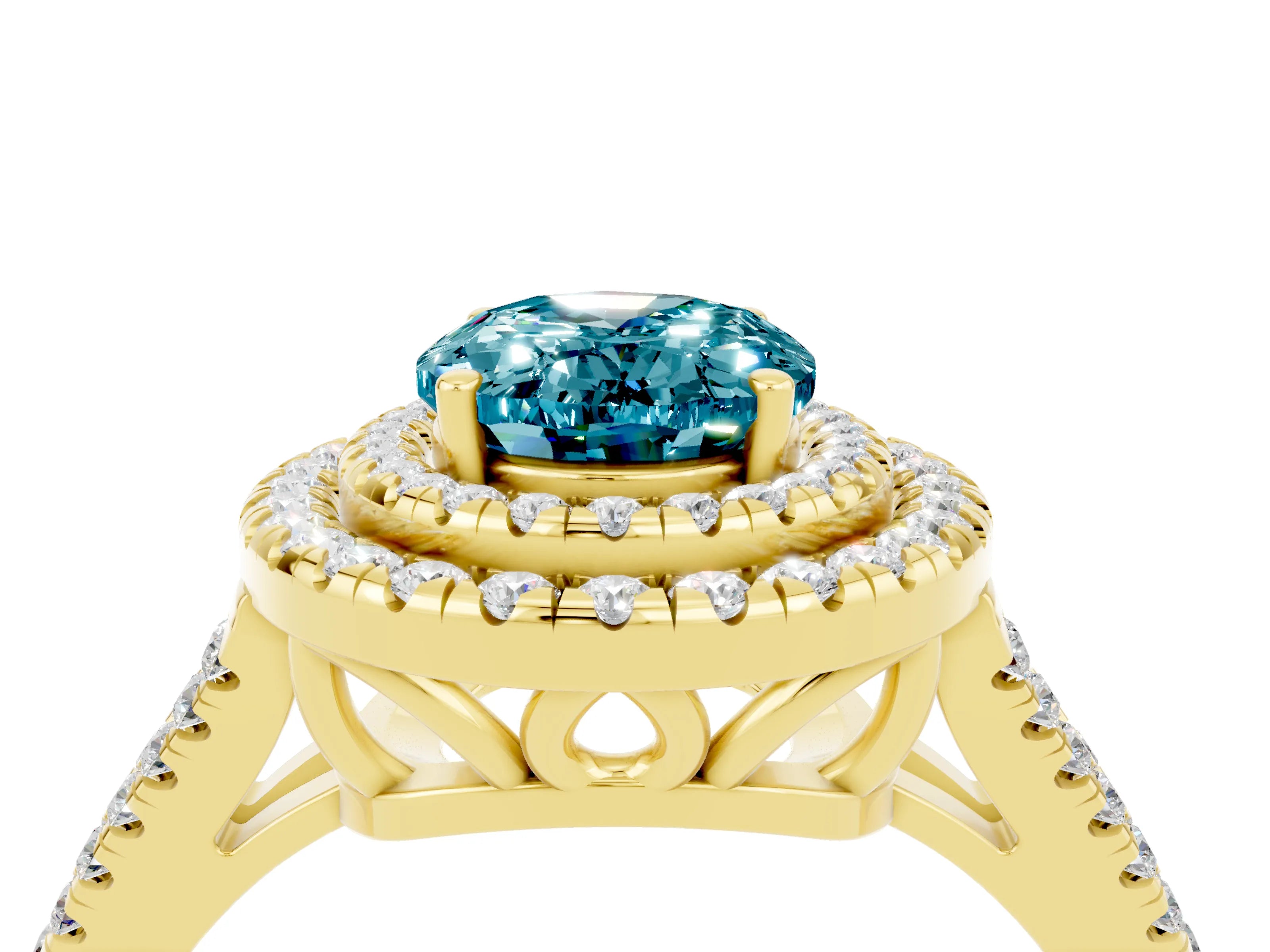 Yellow gold Oval Cut Blue Topaz Double Halo Ring with Pavé Band and Prong Setting_16