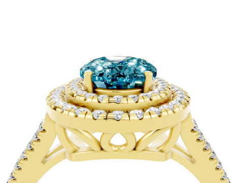 Yellow gold Oval Cut Blue Topaz Double Halo Ring with Pavé Band and Prong Setting_16