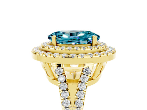 Yellow gold Oval Cut Blue Topaz Double Halo Ring with Pavé Band and Prong Setting_17