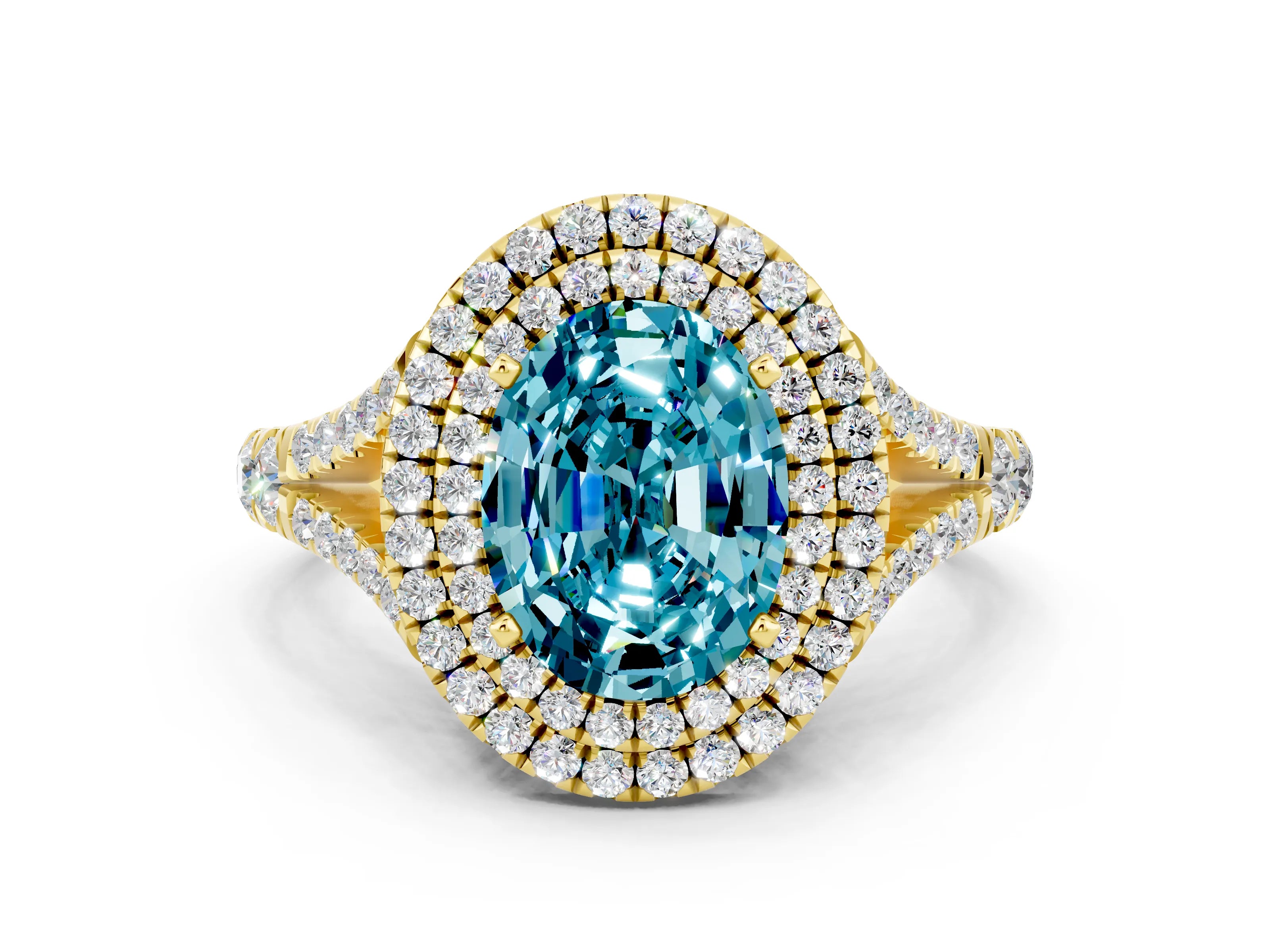 Yellow gold Oval Cut Blue Topaz Double Halo Ring with Split Shank and Prong Setting_12