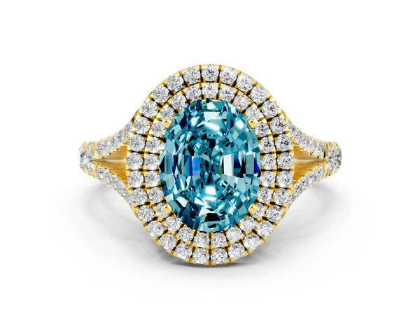 Yellow gold Oval Cut Blue Topaz Double Halo Ring with Split Shank and Prong Setting
