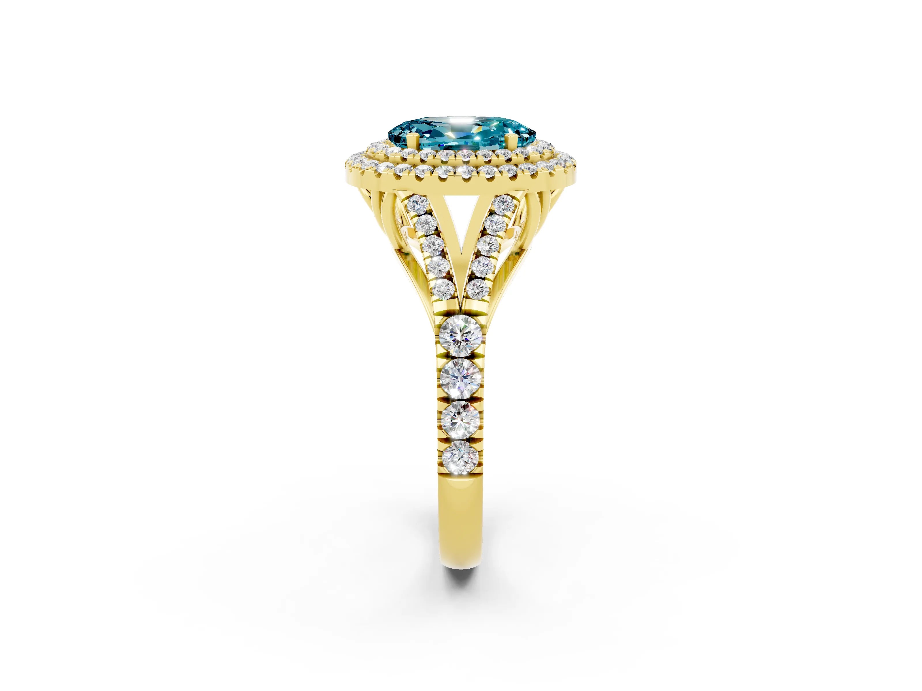 Yellow gold Oval Cut Blue Topaz Double Halo Ring with Split Shank and Prong Setting_14