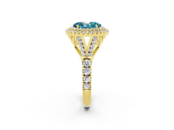 Yellow gold Oval Cut Blue Topaz Double Halo Ring with Split Shank and Prong Setting
