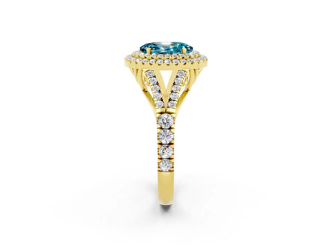 Yellow gold Oval Cut Blue Topaz Double Halo Ring with Split Shank and Prong Setting_14