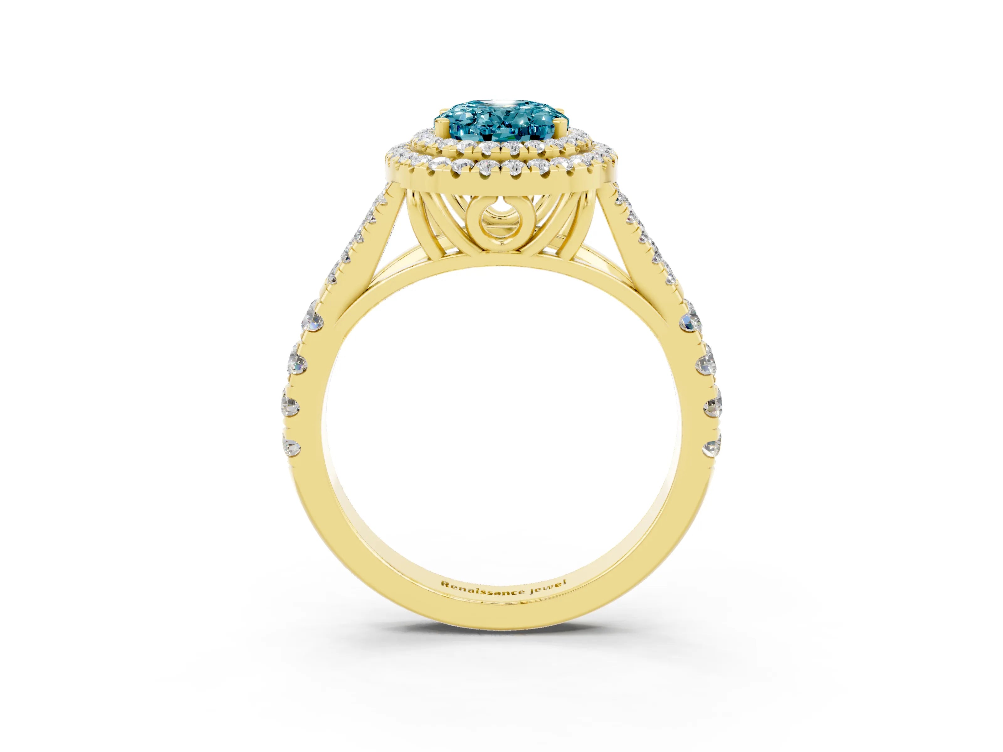 Yellow gold Oval Cut Blue Topaz Double Halo Ring with Split Shank and Prong Setting_15