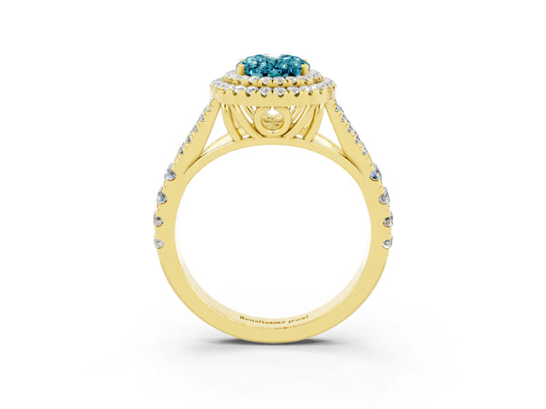 Yellow gold Oval Cut Blue Topaz Double Halo Ring with Split Shank and Prong Setting