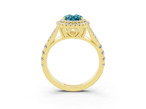 Yellow gold Oval Cut Blue Topaz Double Halo Ring with Split Shank and Prong Setting_15