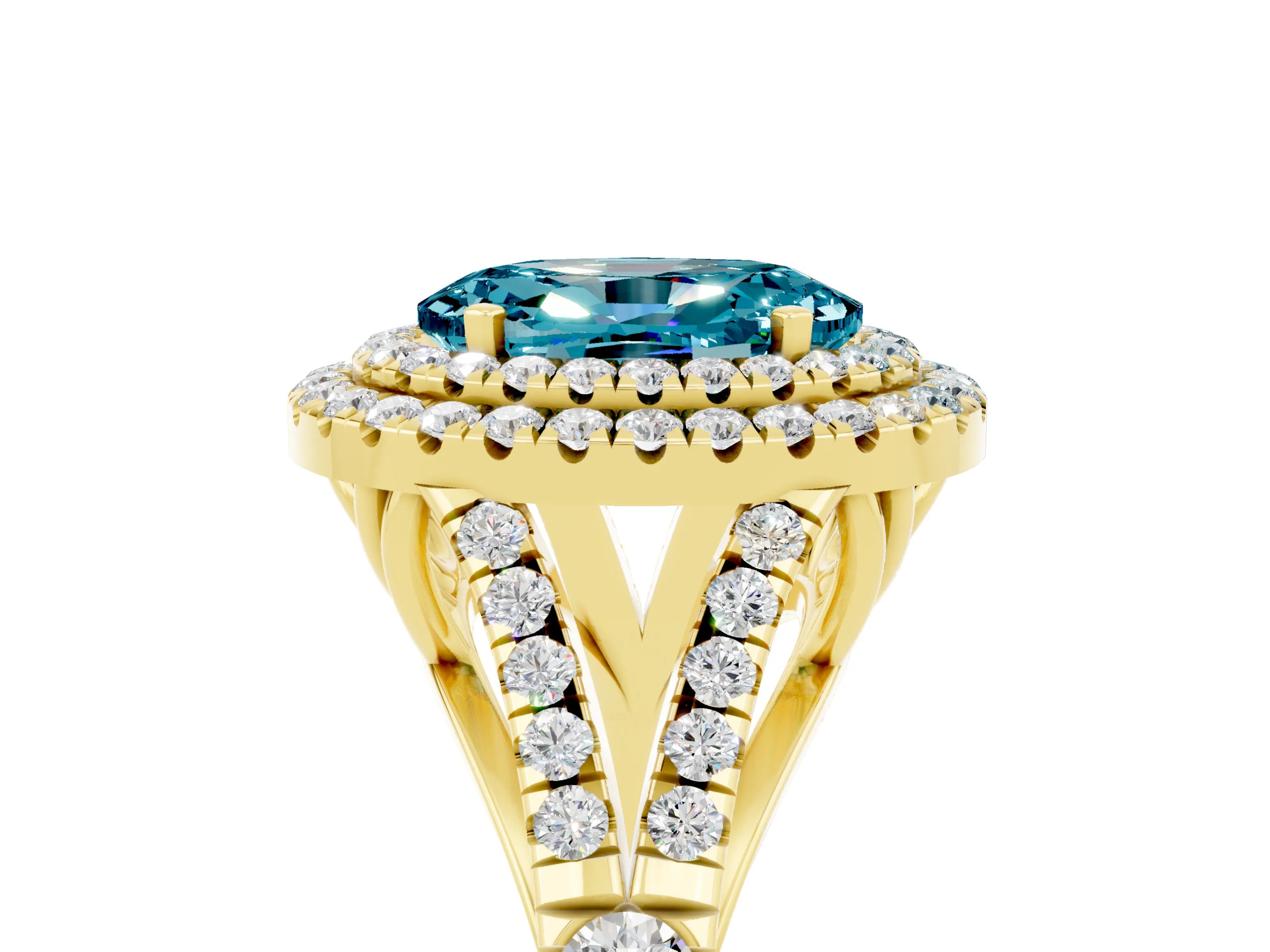 Yellow gold Oval Cut Blue Topaz Double Halo Ring with Split Shank and Prong Setting_17