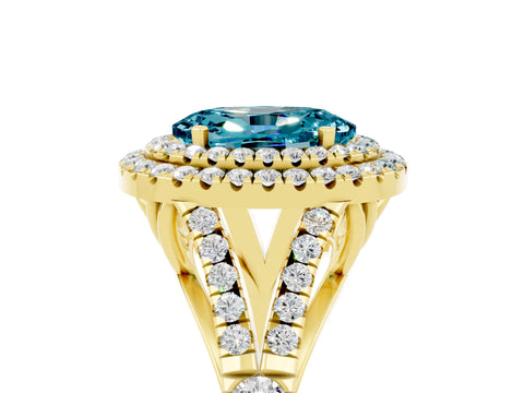 Yellow gold Oval Cut Blue Topaz Double Halo Ring with Split Shank and Prong Setting_17