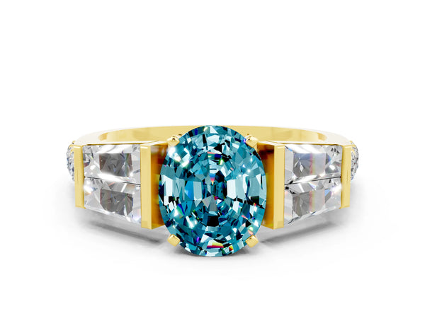 Yellow gold Oval Cut Blue Topaz Engagement Ring with Baguette Side Stones and Channel Set Band