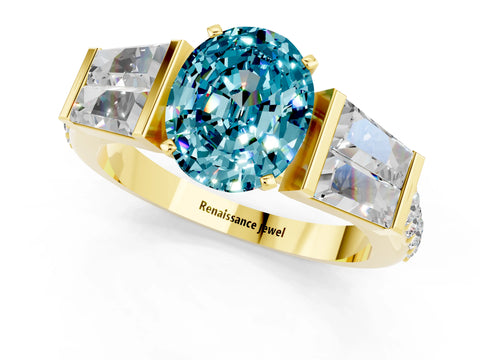 Yellow gold Oval Cut Blue Topaz Engagement Ring with Baguette Side Stones and Channel Set Band_1