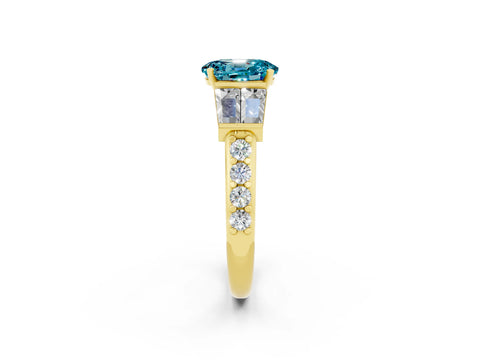 Yellow gold Oval Cut Blue Topaz Engagement Ring with Baguette Side Stones and Channel Set Band_2
