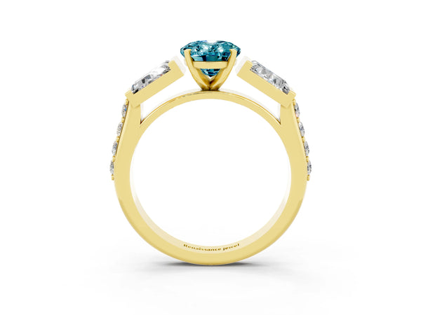 Yellow gold Oval Cut Blue Topaz Engagement Ring with Baguette Side Stones and Channel Set Band