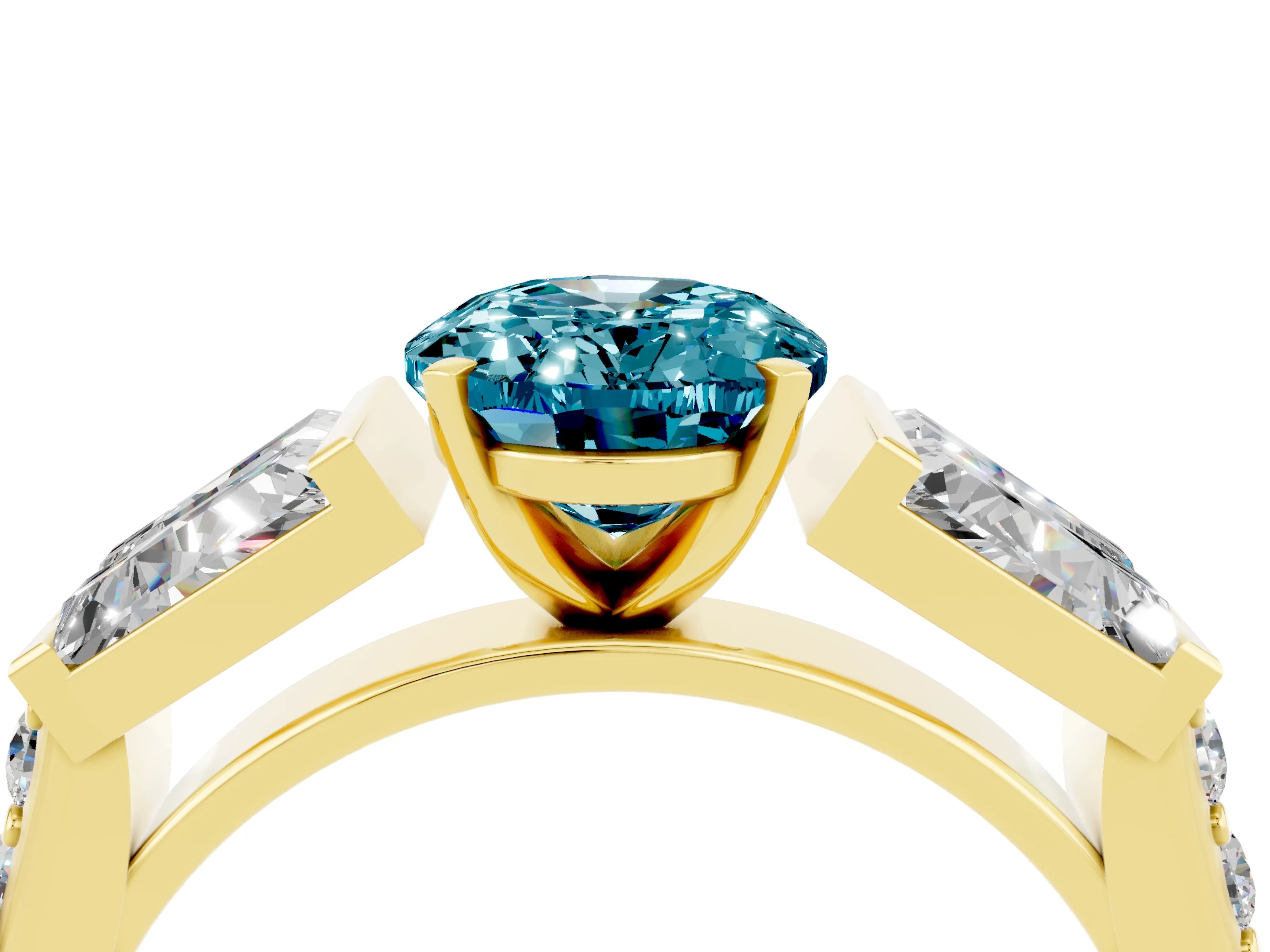 Yellow gold Oval Cut Blue Topaz Engagement Ring with Baguette Side Stones and Channel Set Band_4