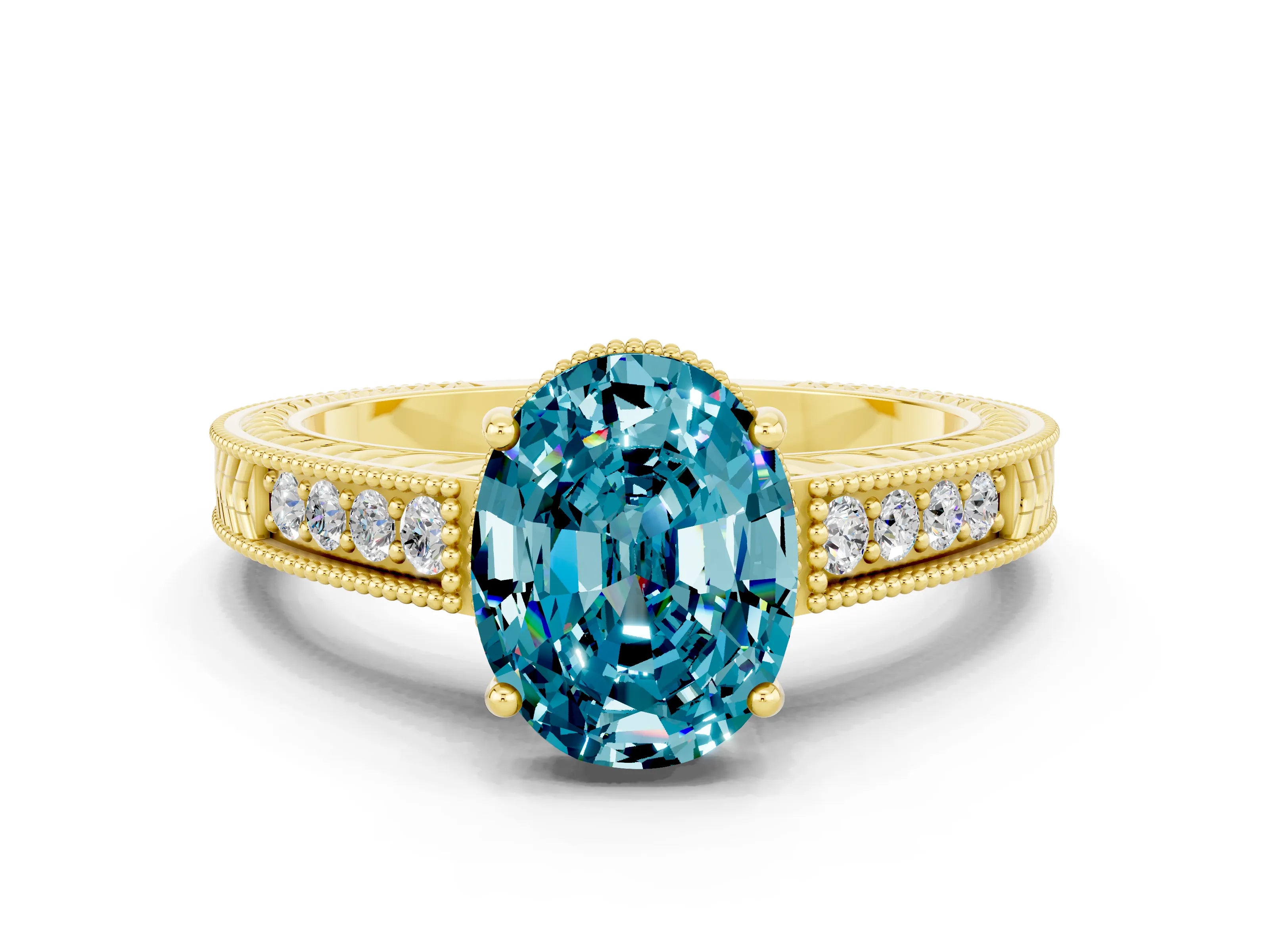 Yellow gold Oval Cut Blue Topaz Engagement Ring with Milgrain Channel Set Band and Prong Setting