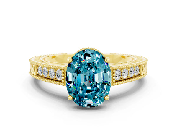 Yellow gold Oval Cut Blue Topaz Engagement Ring with Milgrain Channel Set Band and Prong Setting