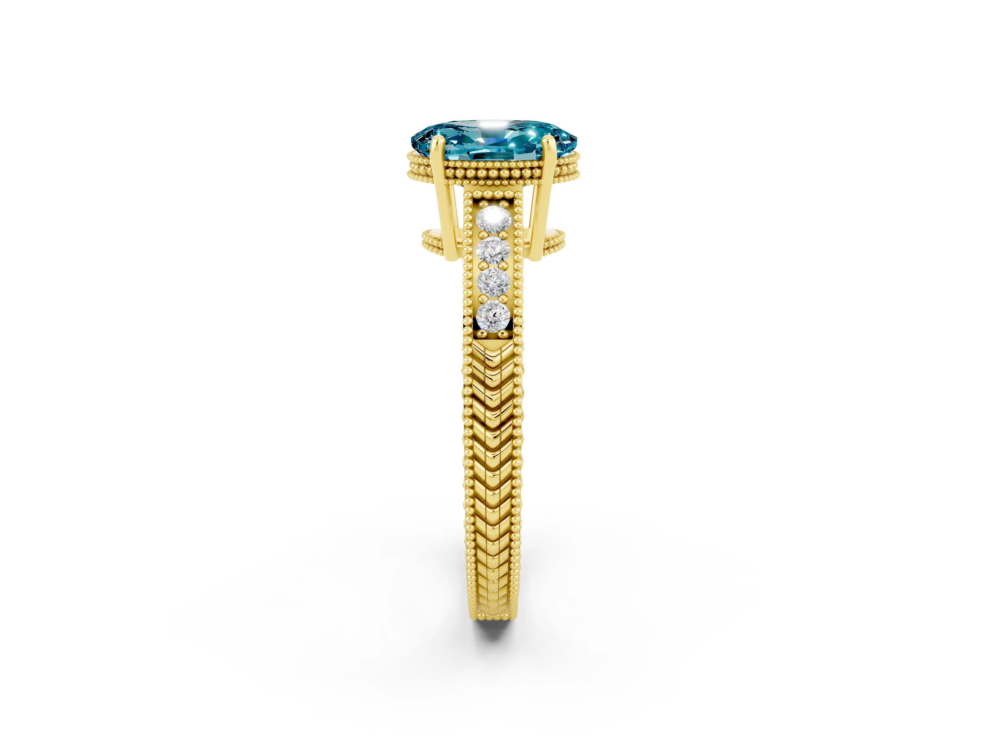 Yellow gold Oval Cut Blue Topaz Engagement Ring with Milgrain Channel Set Band and Prong Setting_2