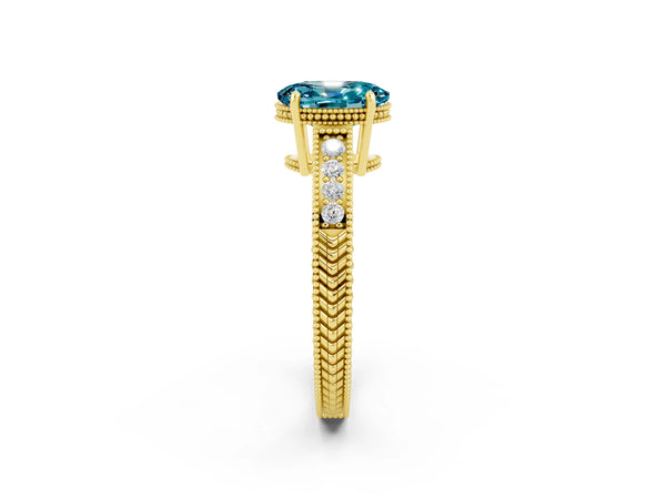 Yellow gold Oval Cut Blue Topaz Engagement Ring with Milgrain Channel Set Band and Prong Setting