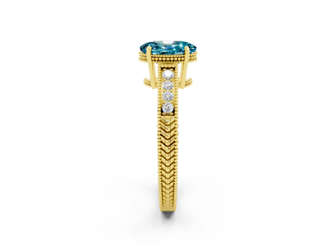 Yellow gold Oval Cut Blue Topaz Engagement Ring with Milgrain Channel Set Band and Prong Setting_2