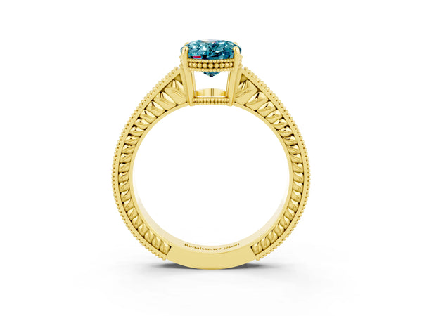 Yellow gold Oval Cut Blue Topaz Engagement Ring with Milgrain Channel Set Band and Prong Setting