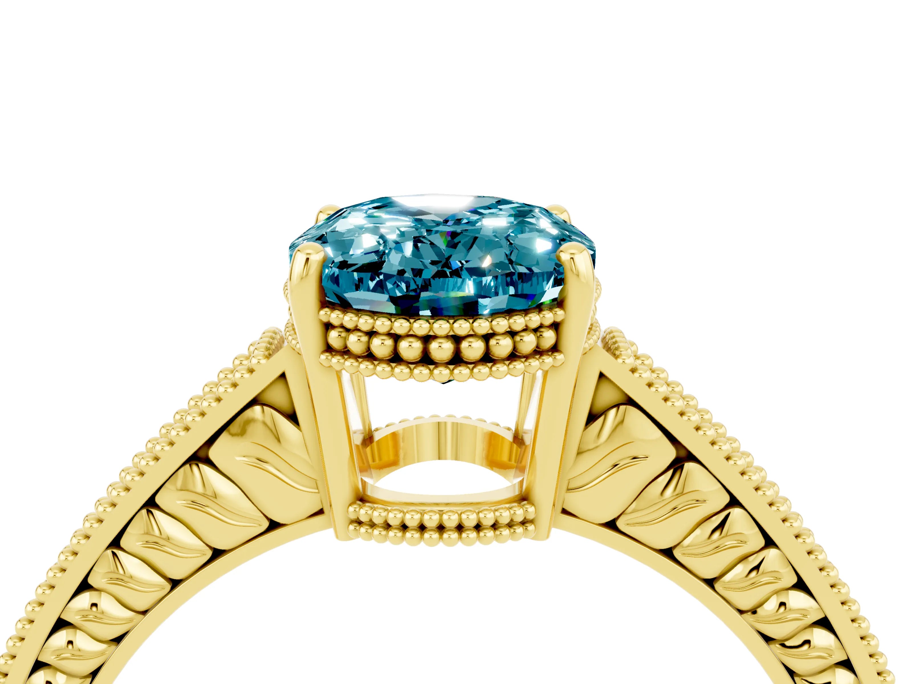 Yellow gold Oval Cut Blue Topaz Engagement Ring with Milgrain Channel Set Band and Prong Setting_4