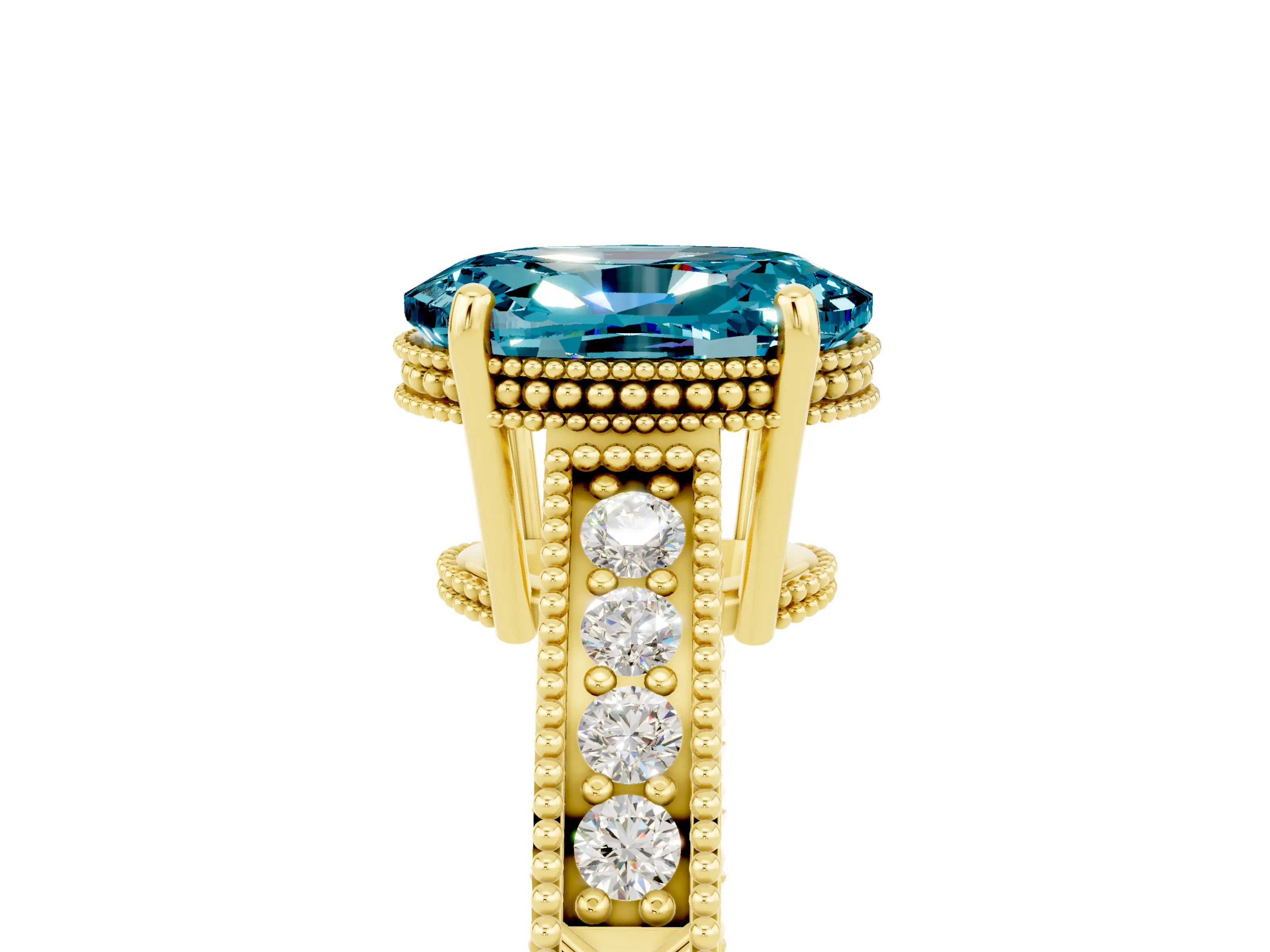 Yellow gold Oval Cut Blue Topaz Engagement Ring with Milgrain Channel Set Band and Prong Setting_5