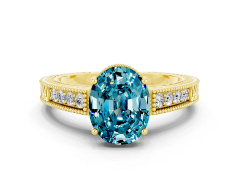 Yellow gold Oval Cut Blue Topaz Engagement Ring with Milgrain Channel Set Band and Prong Setting