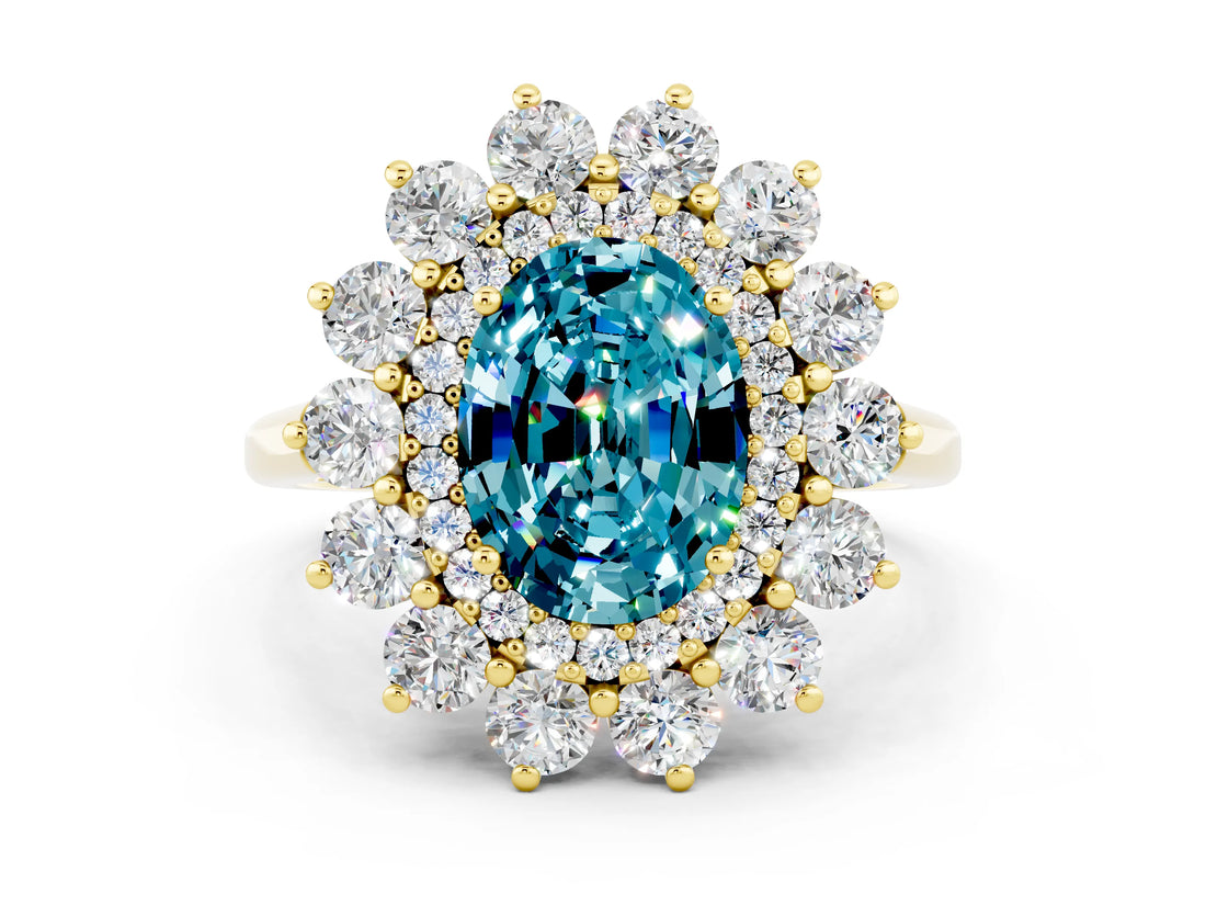 Yellow gold Oval Cut Blue Topaz Floral Double Halo Engagement Ring with Prong Setting_60