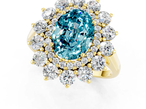 Yellow gold Oval Cut Blue Topaz Floral Double Halo Engagement Ring with Prong Setting